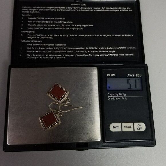 Vintage Sterling Silver Rectangle Red Stone Dangle Earrings, Minimal Design, 925 - Picture 6 of 9